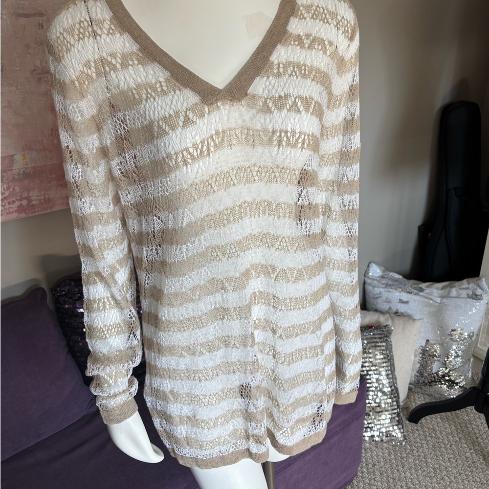 Crochet Knit Tunic Top V Neck Long Sleeve Striped Beach Cover Up - Picture 8 of 11